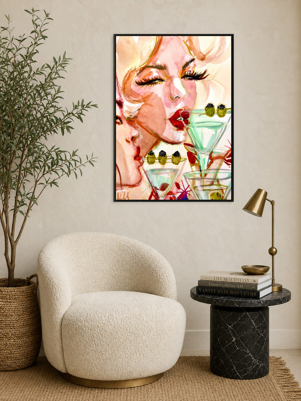 Glam Cocktail Portrait Wall Art Print - black framed