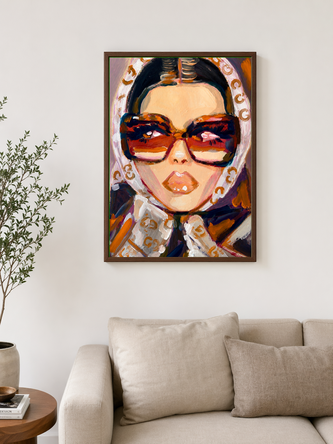 Glam Retro Sunglasses Portrait Wall Art Print - dark wood framed