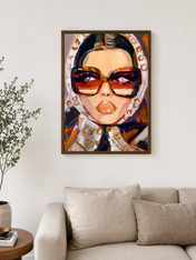 Glam Retro Sunglasses Portrait Wall Art Print - dark wood framed