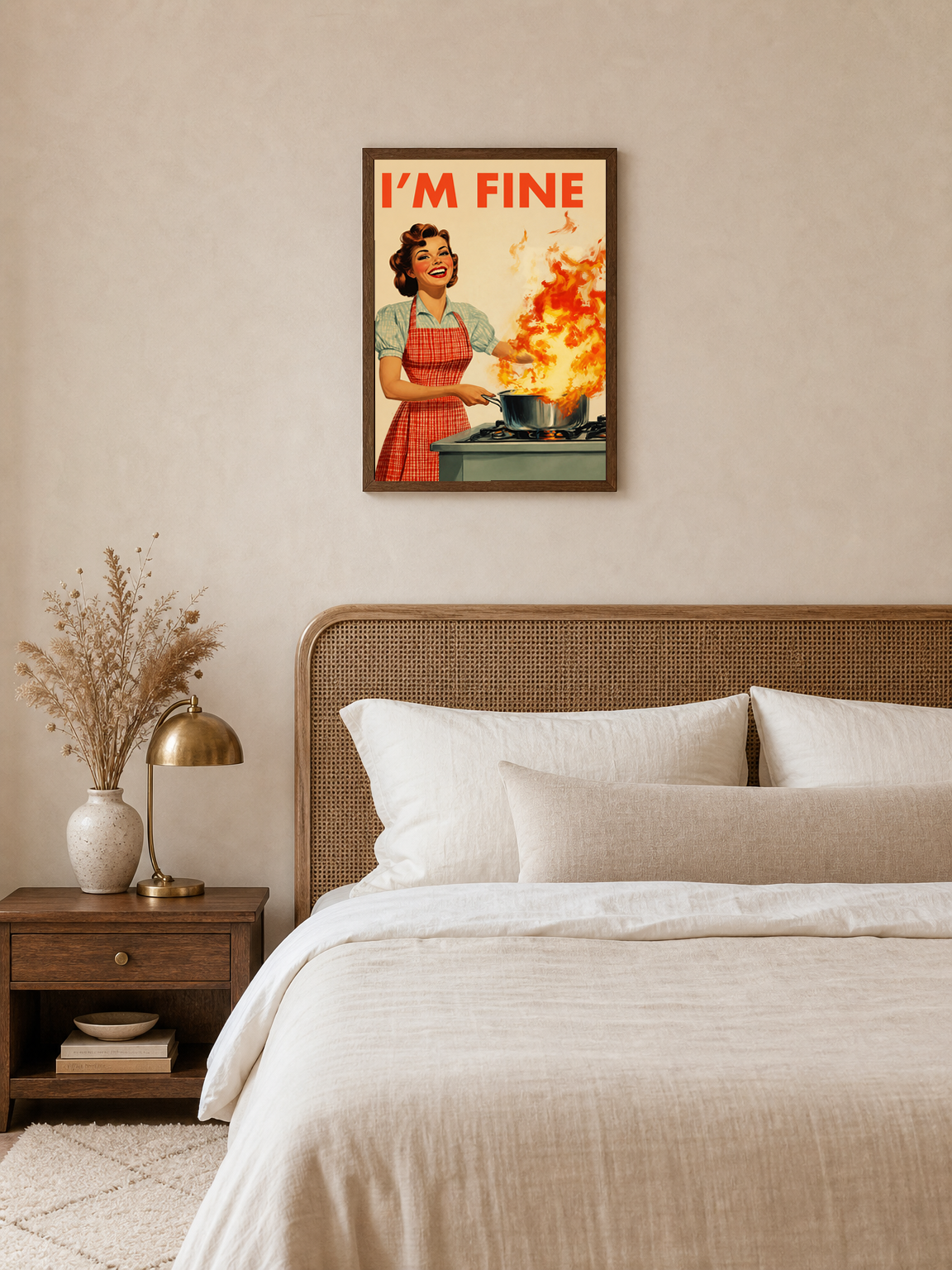 Retro I'm Fine Kitchen Wall Art Print - dark wood framed