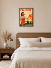 Retro I'm Fine Kitchen Wall Art Print - dark wood framed