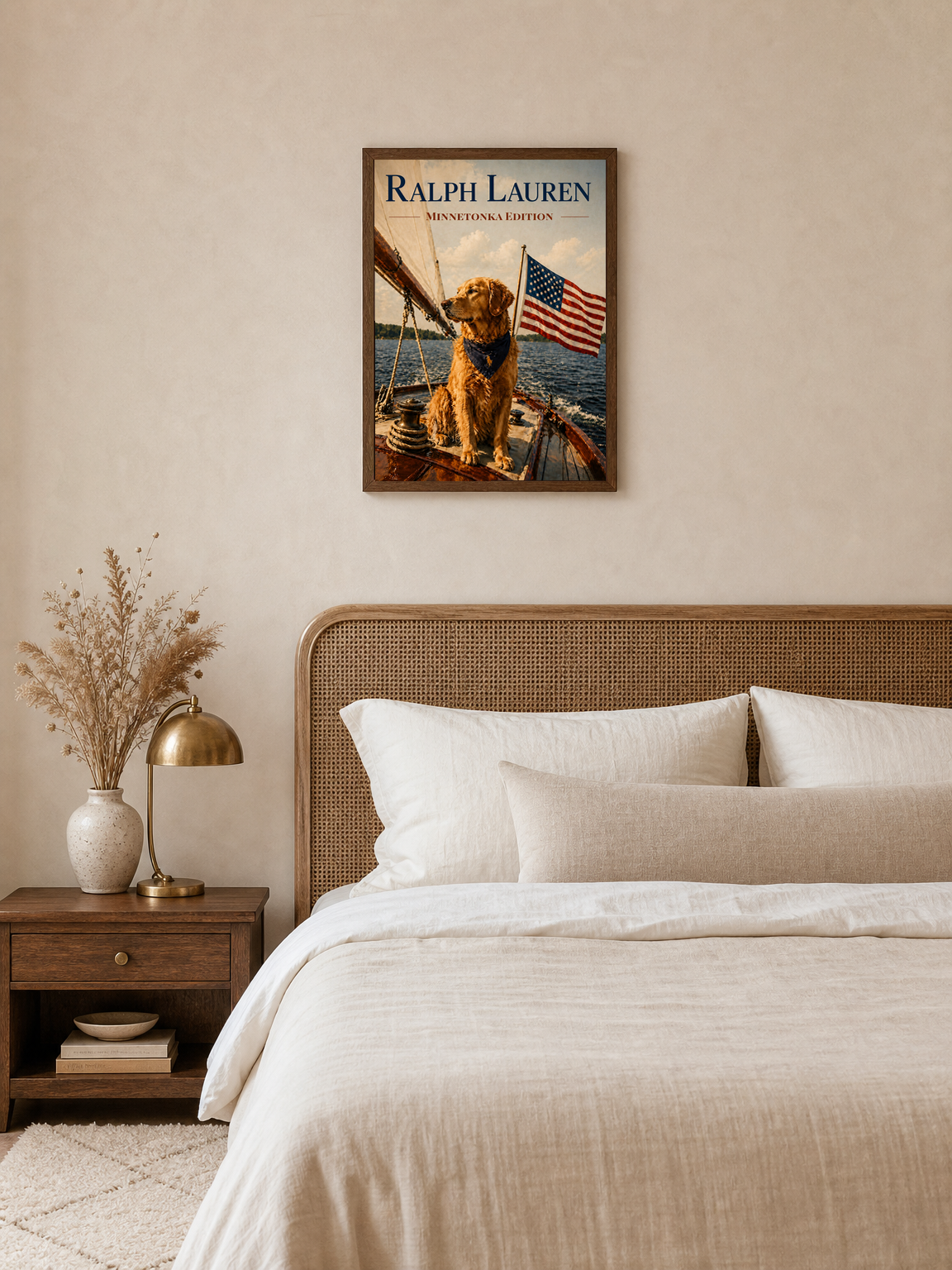 Golden Retriever Patriot Boat Wall Art Print - dark wood framed