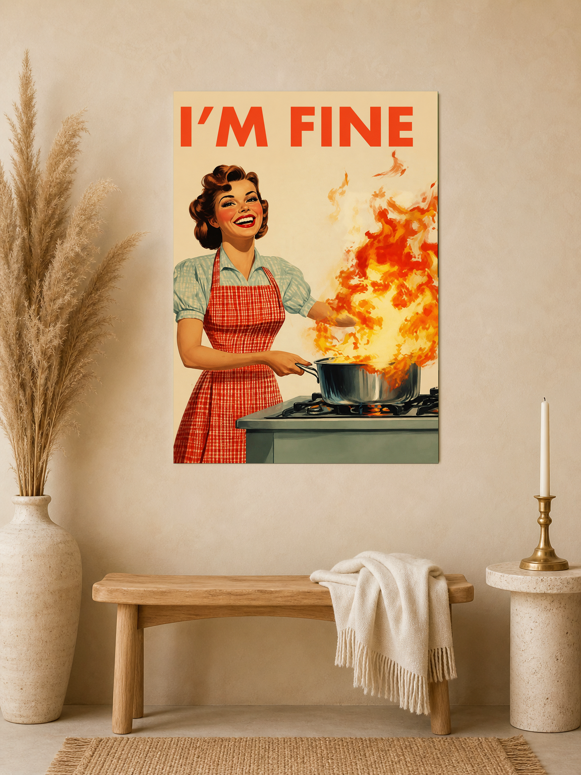 Retro I'm Fine Kitchen Wall Art Print - unframed mockup