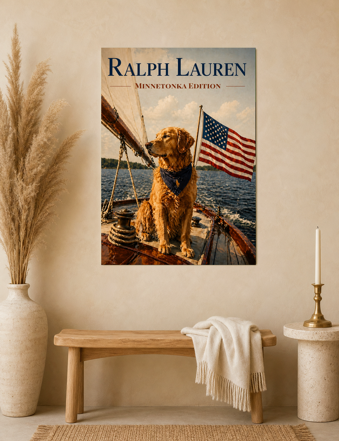 Golden Retriever Patriot Boat Wall Art Print - unframed mockup