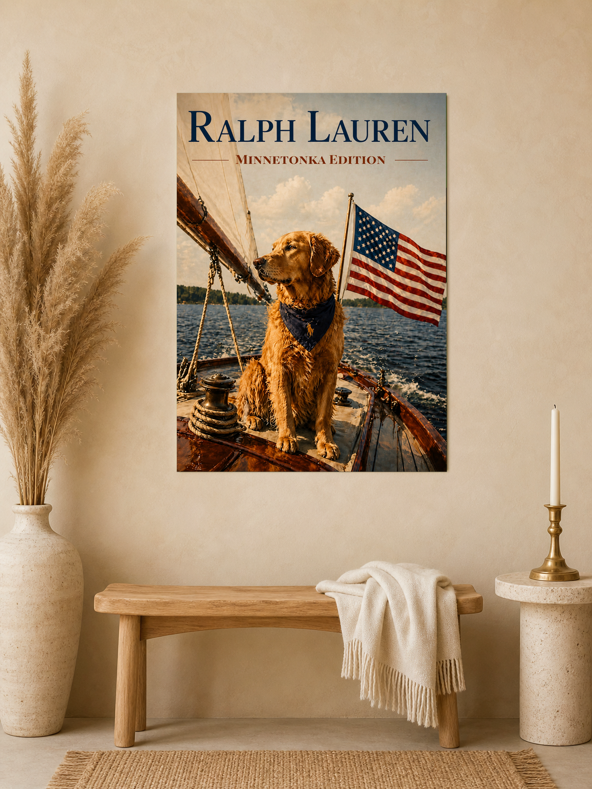 Golden Retriever Patriot Boat Wall Art Print - unframed mockup