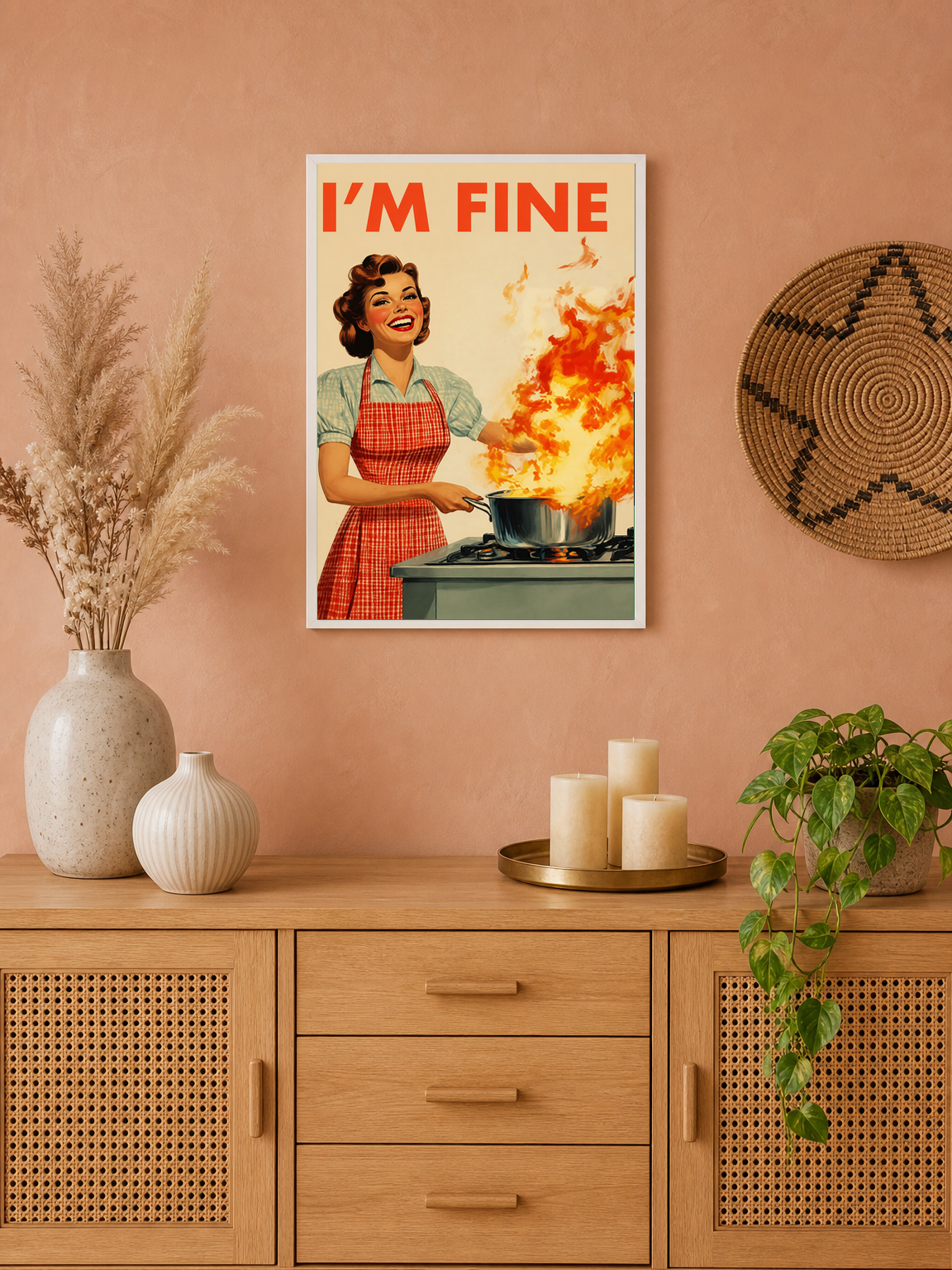 Retro I'm Fine Kitchen Wall Art Print - white framed