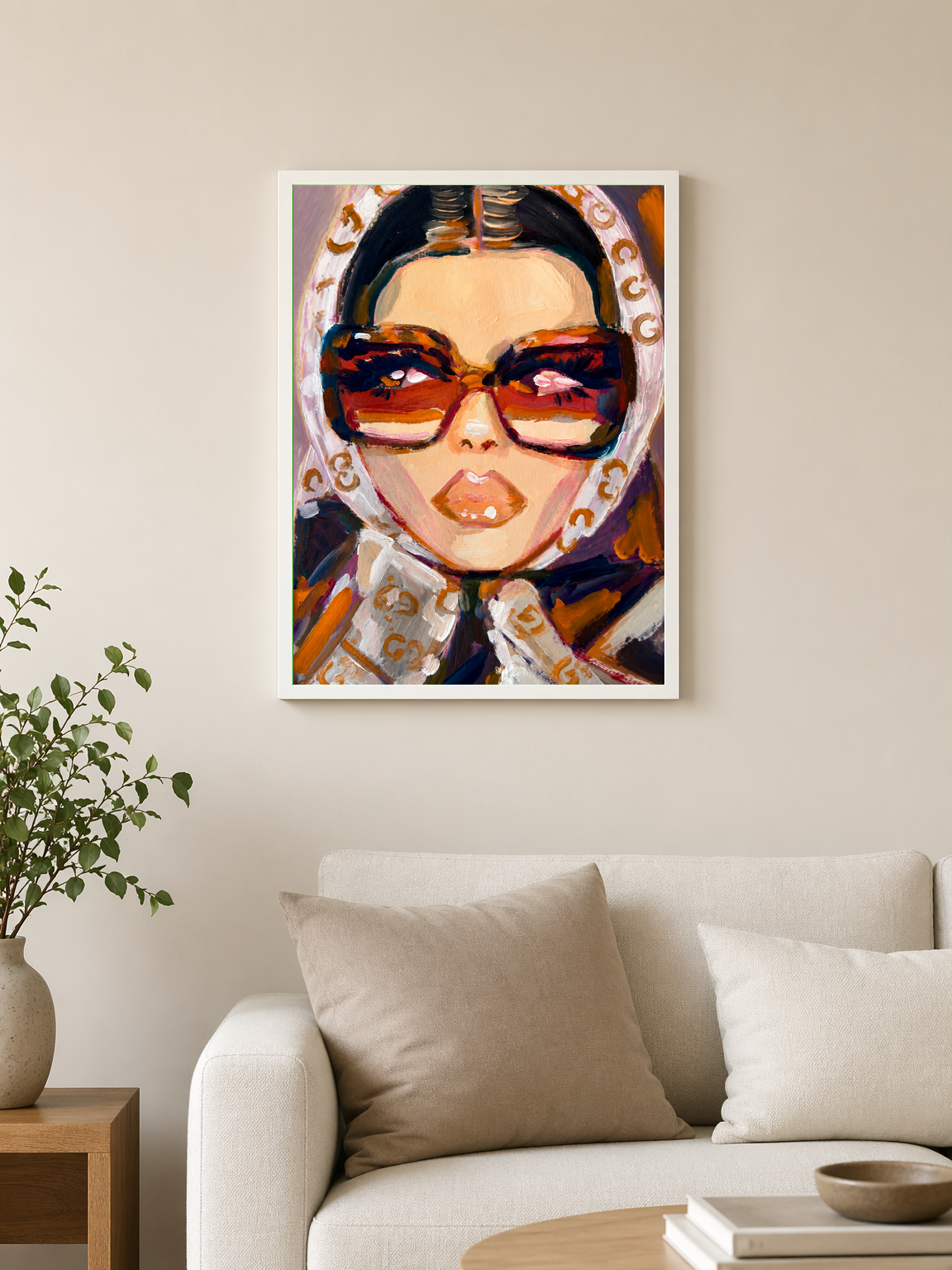 Glam Retro Sunglasses Portrait Wall Art Print - white framed