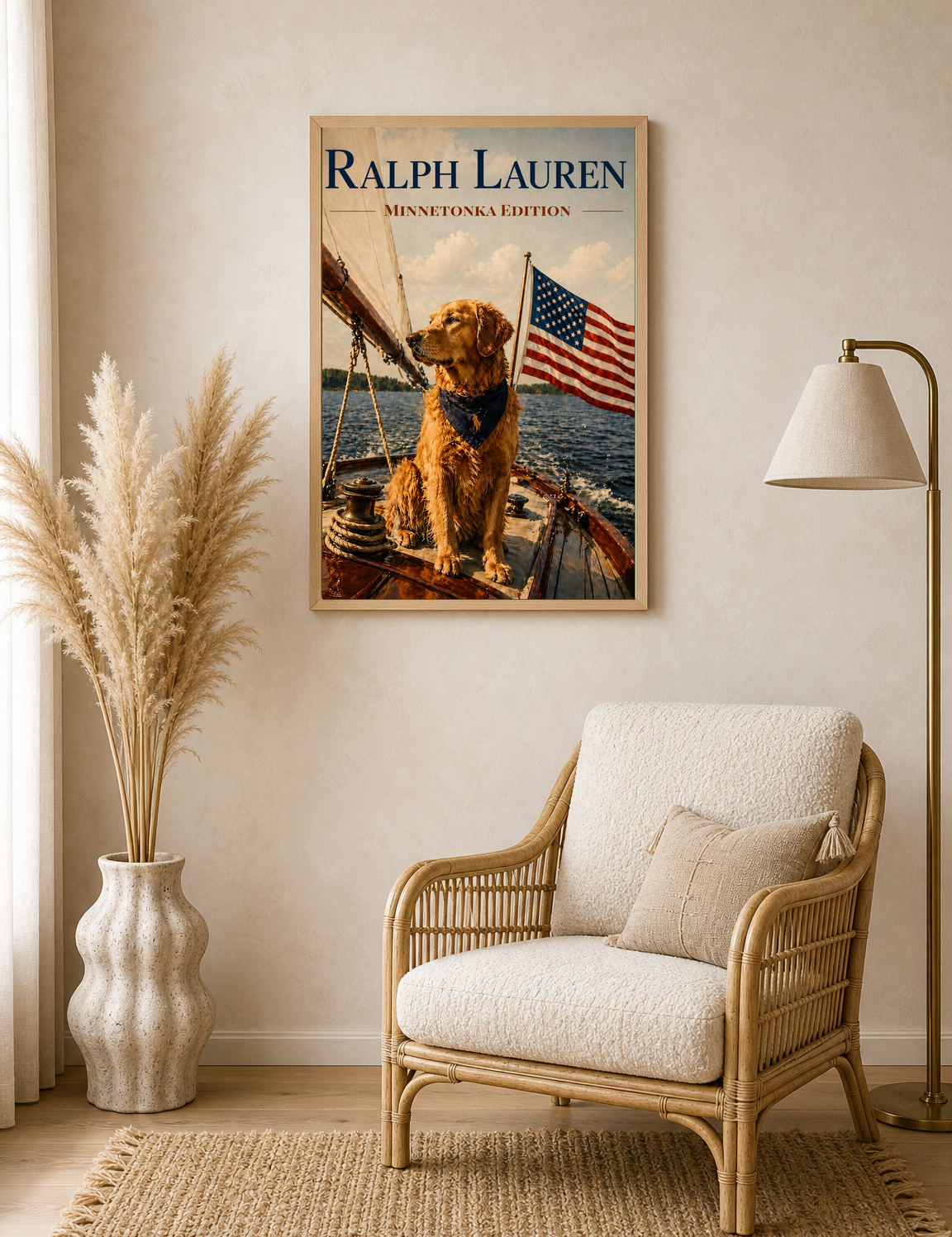 Golden Retriever Patriot Boat Wall Art Print - wood framed poster