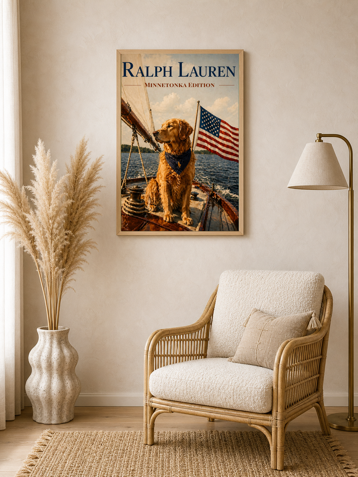 Golden Retriever Patriot Boat Wall Art Print - wood framed poster