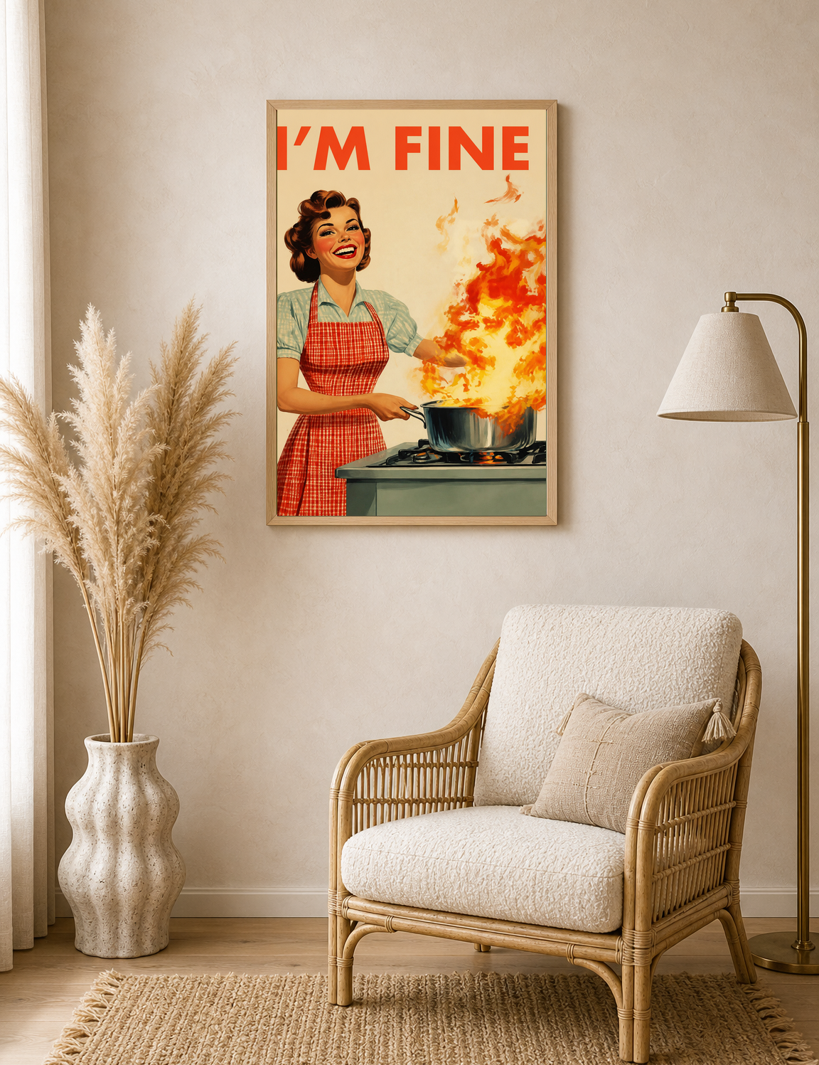 Retro I'm Fine Kitchen Wall Art Print - wood framed poster