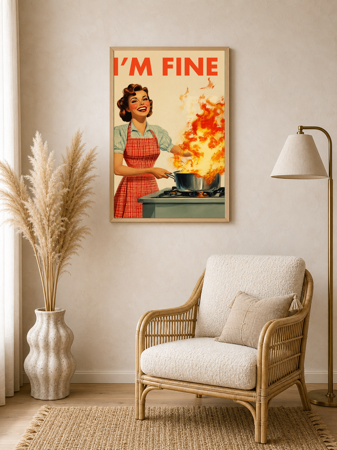 Retro I'm Fine Kitchen Wall Art Print - wood framed poster