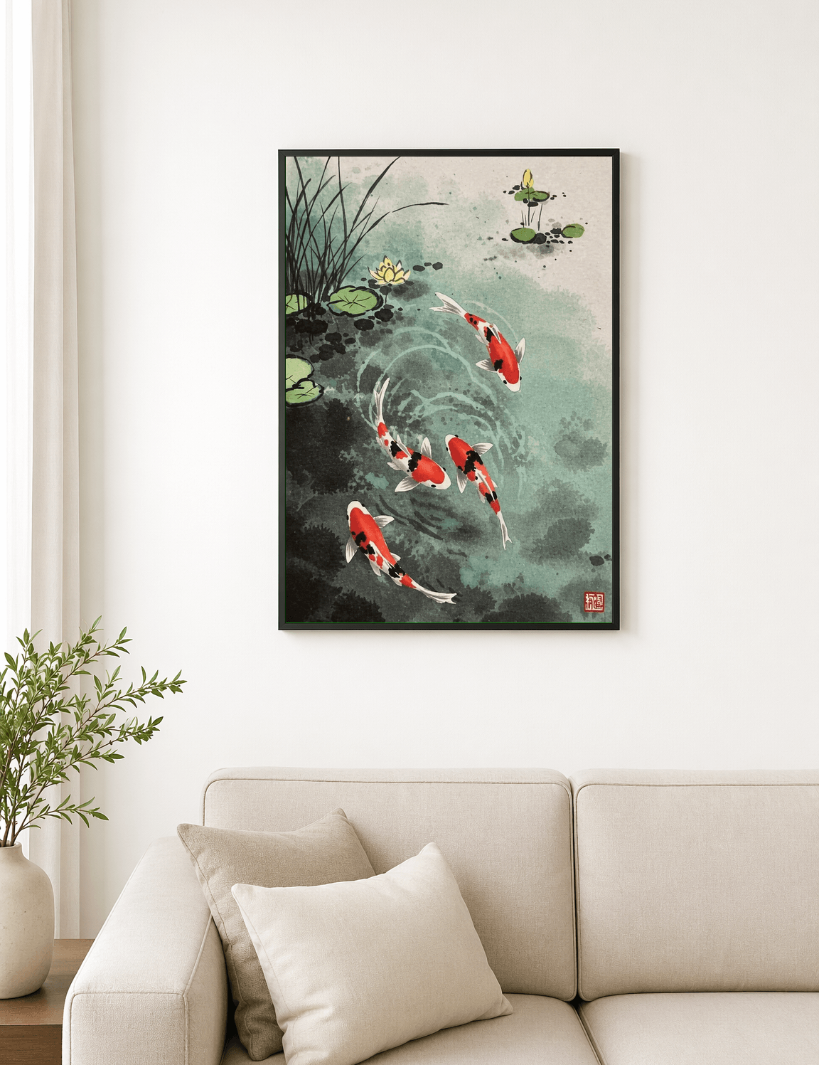 Koi Fish Pond Japanese Wall Art Print - black framed