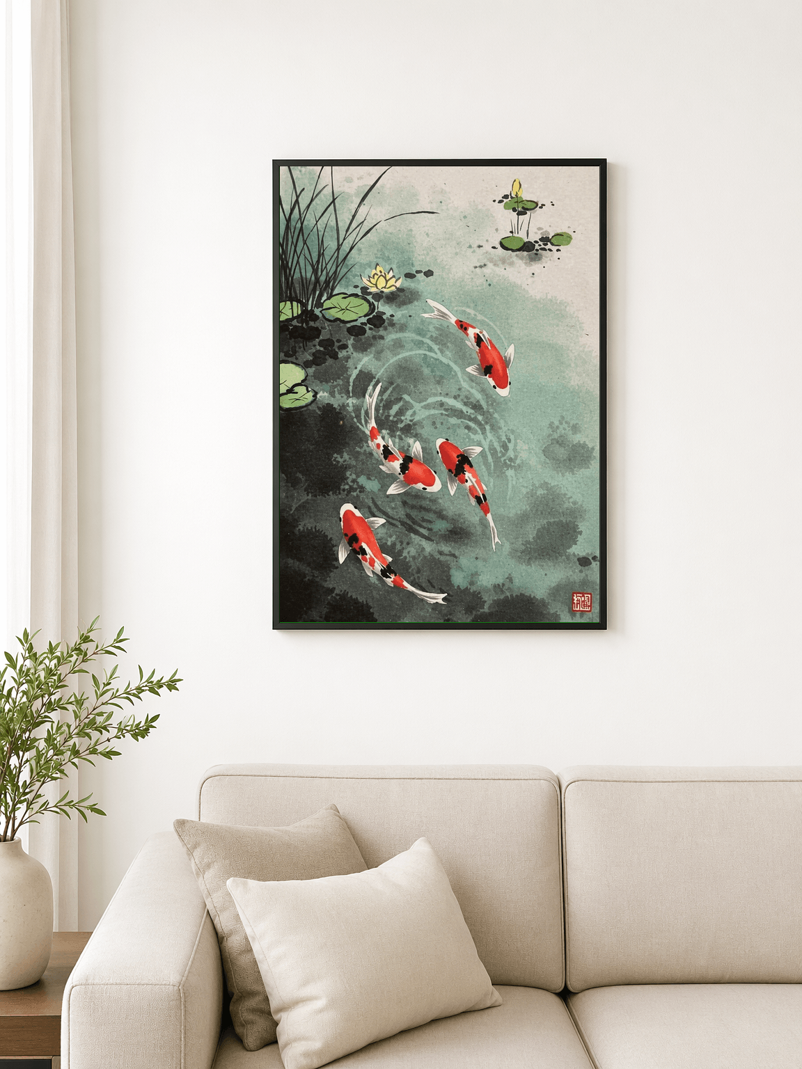 Koi Fish Pond Japanese Wall Art Print - black framed