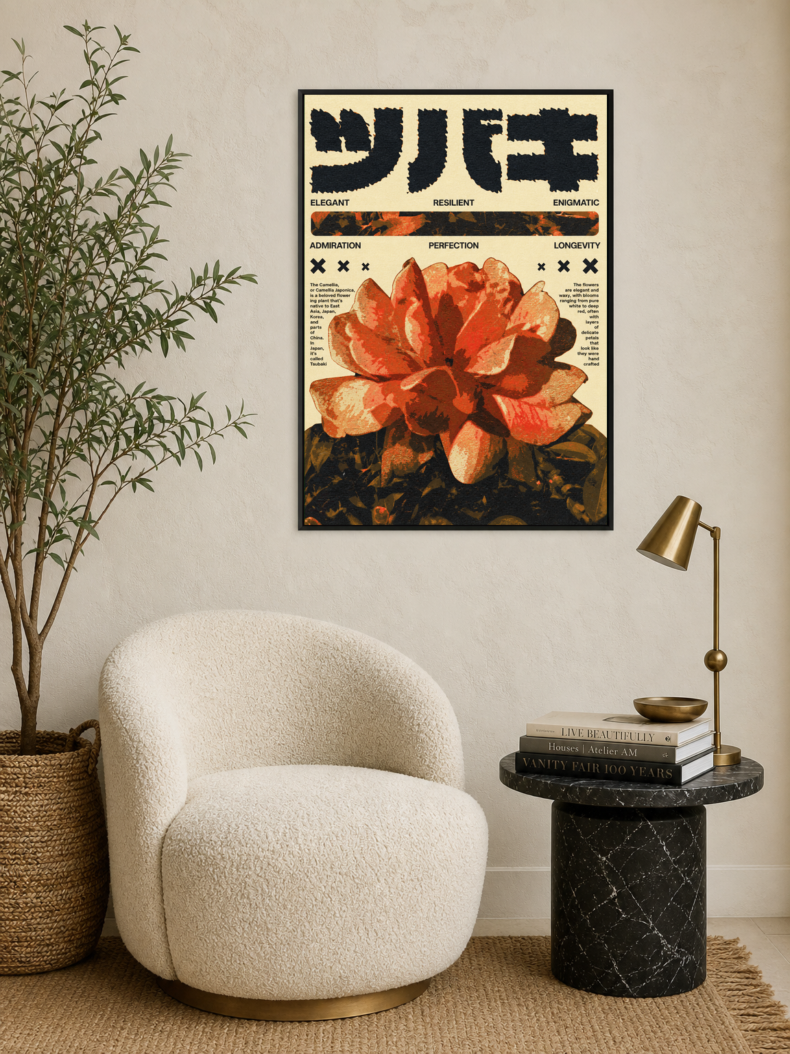 Japanese Camellia Flower Wall Art Print - black framed