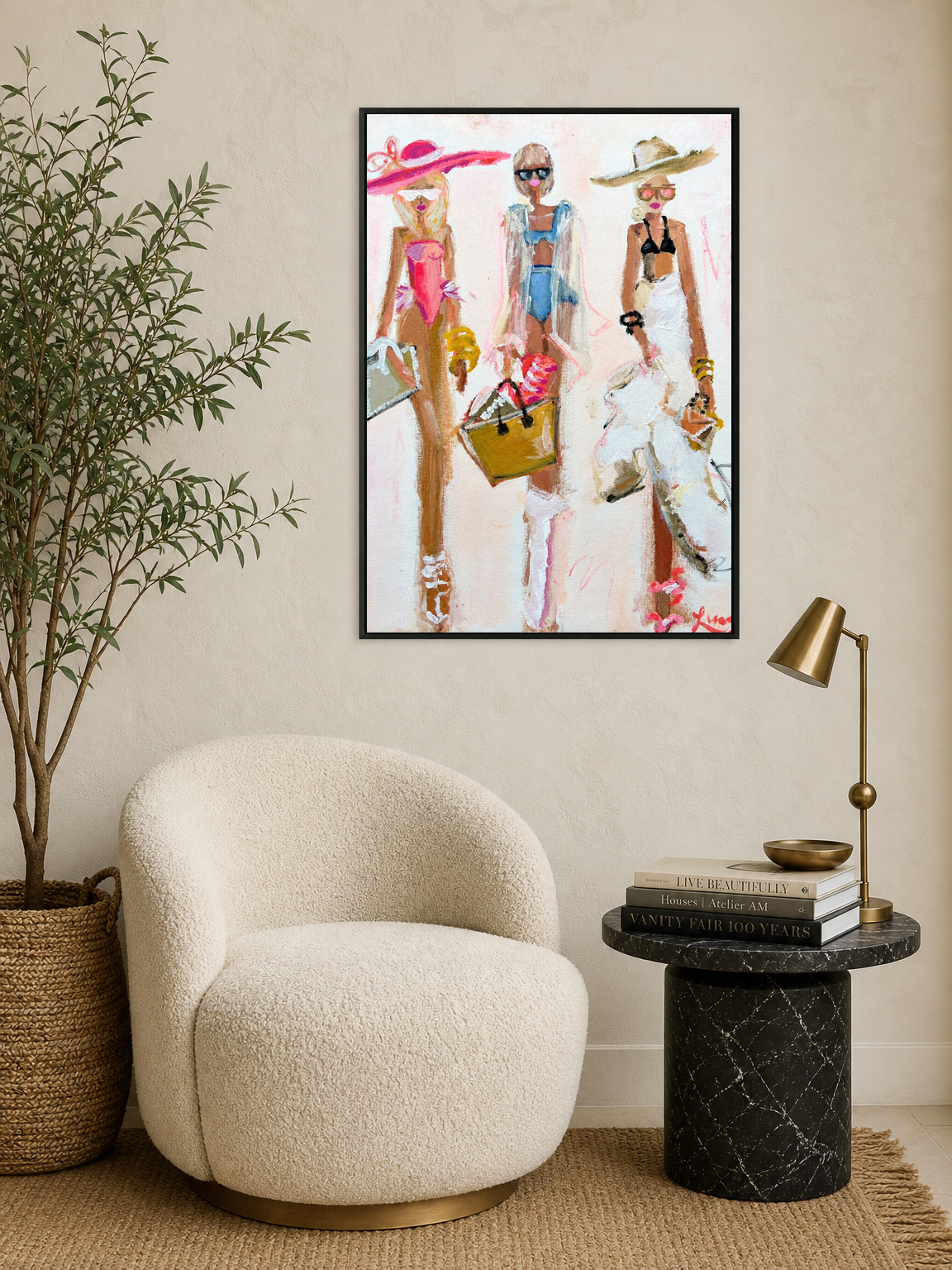 Chic Beach Girls Fashion Wall Art Print - black framed
