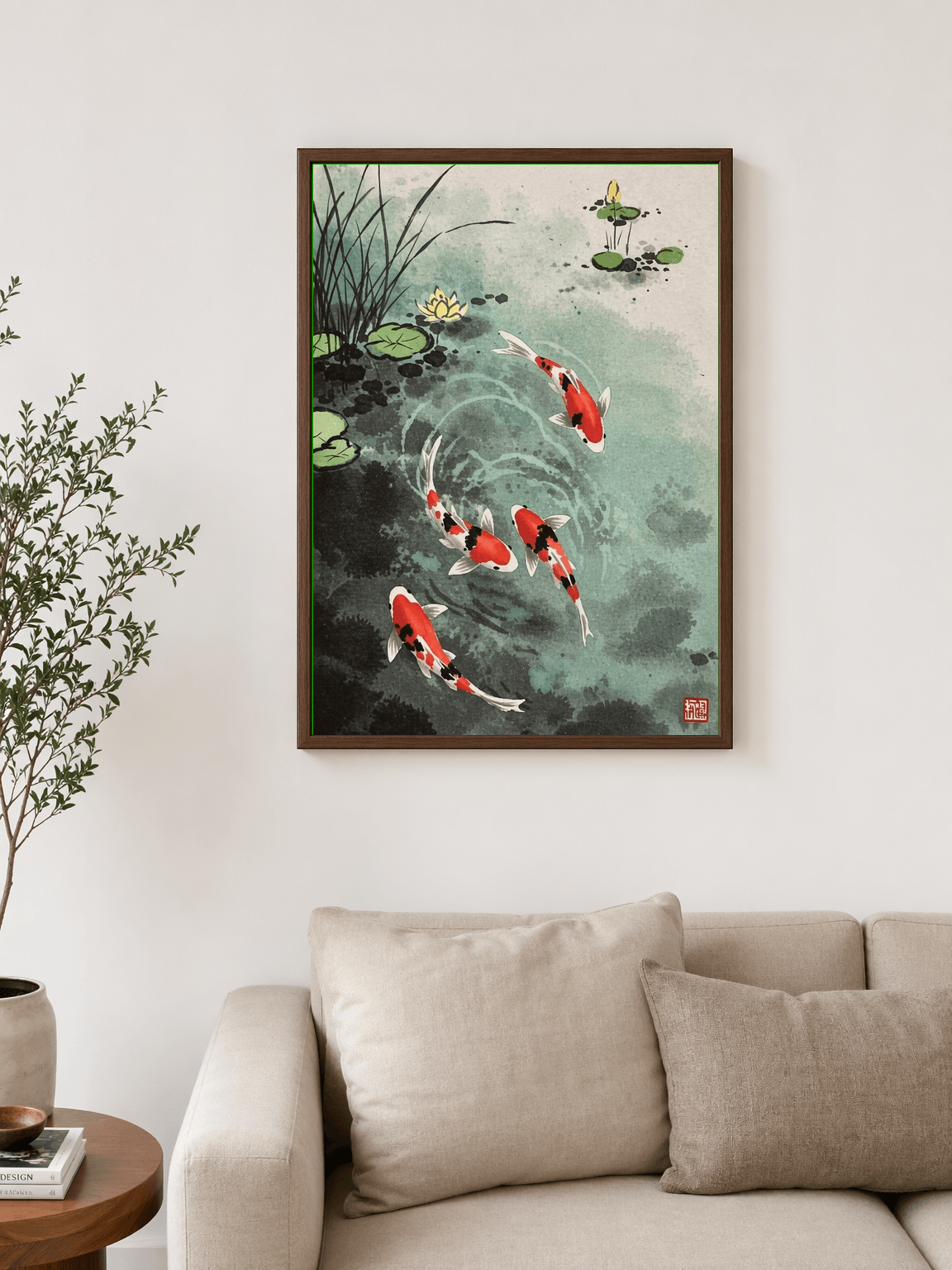 Koi Fish Pond Japanese Wall Art Print - dark wood framed
