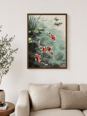 Koi Fish Pond Japanese Wall Art Print - dark wood framed