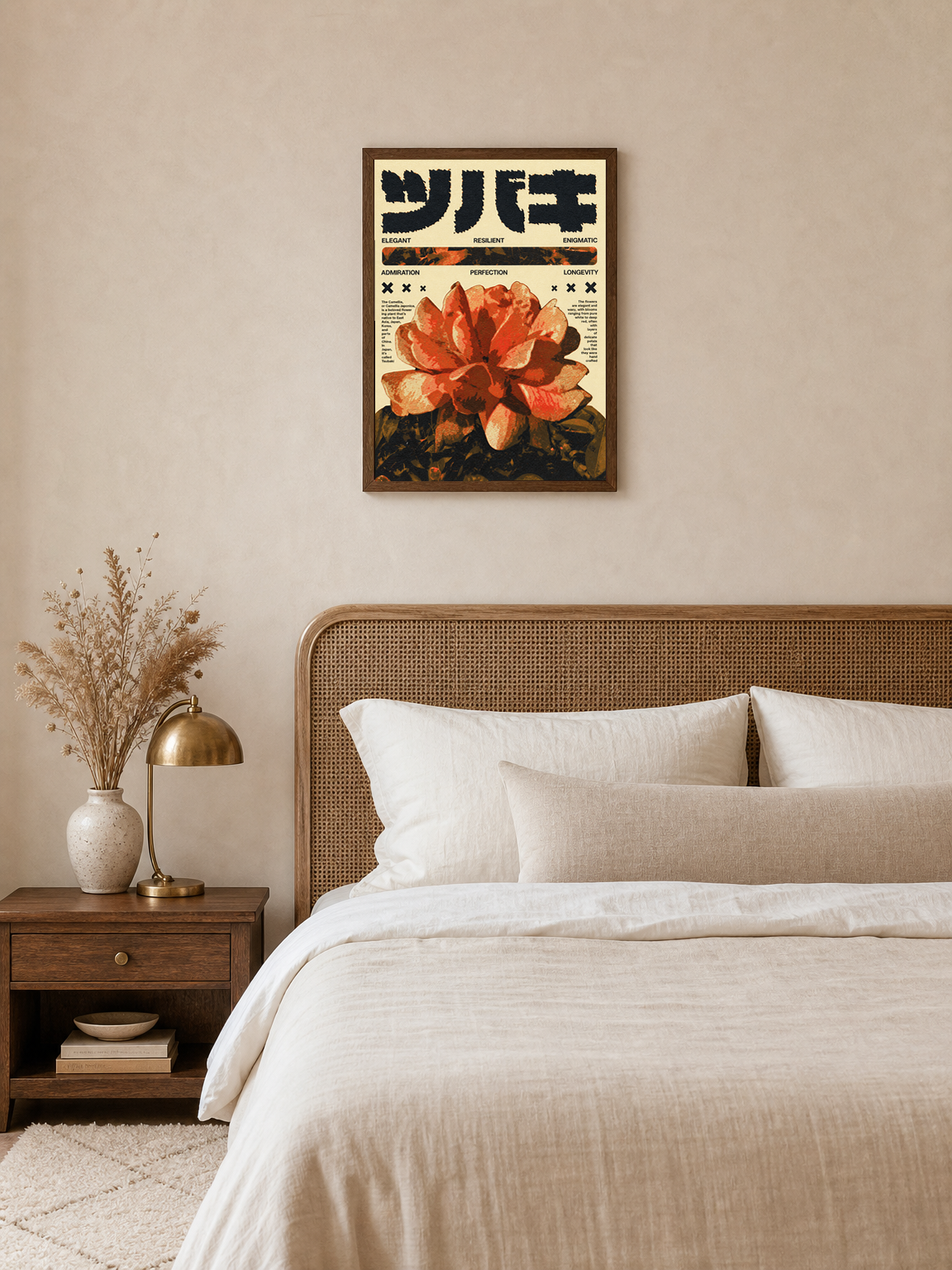 Japanese Camellia Flower Wall Art Print - dark wood framed