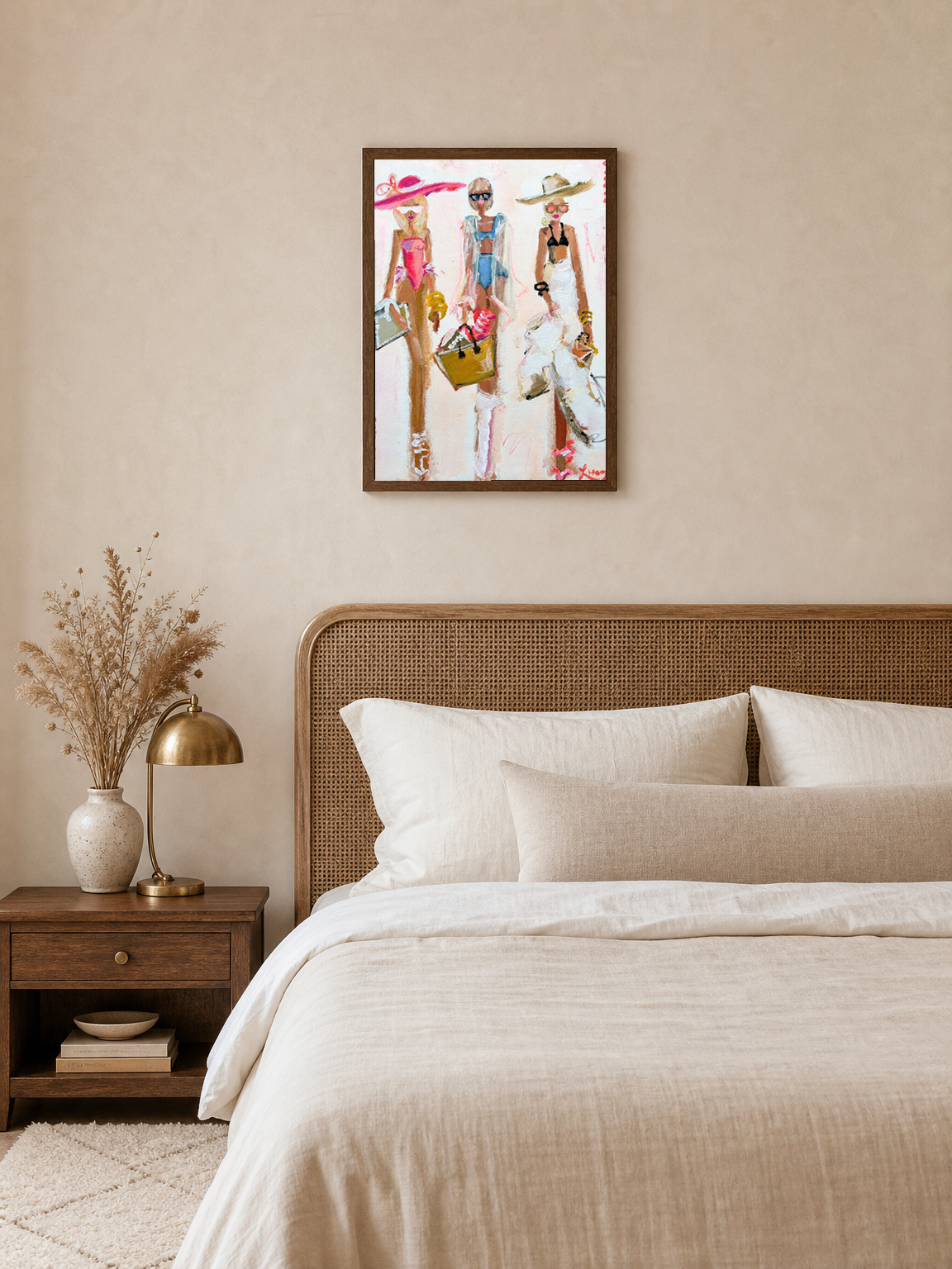Chic Beach Girls Fashion Wall Art Print - dark wood framed