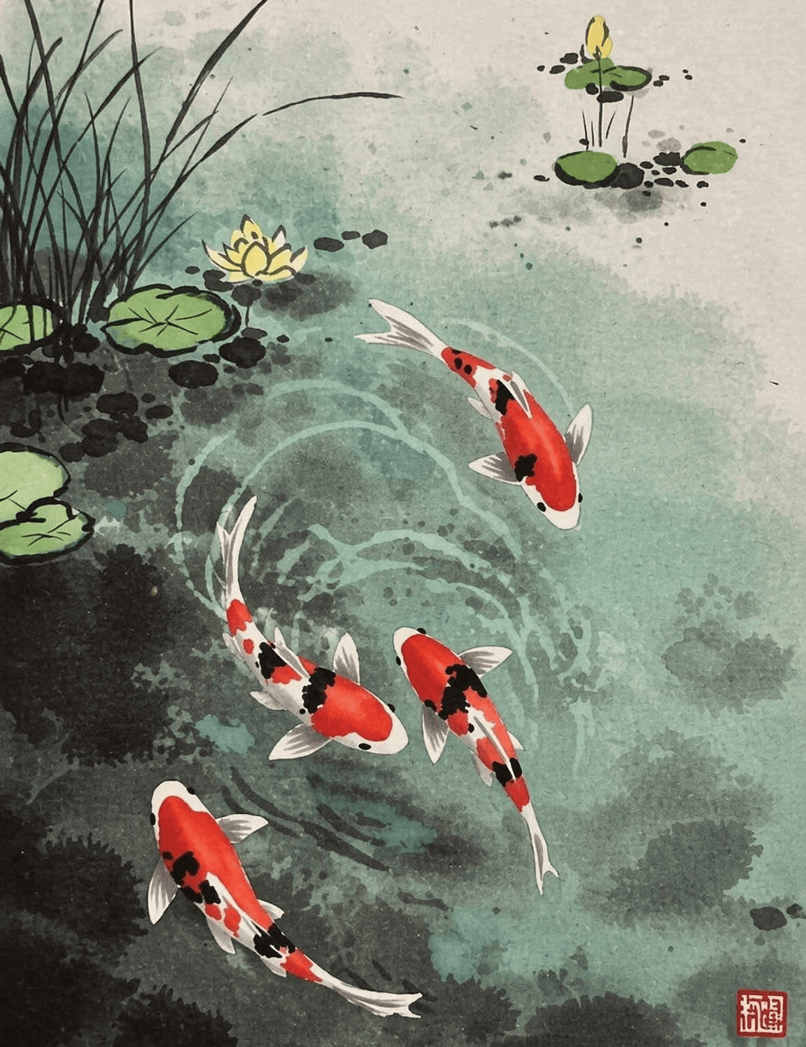 Koi Fish Pond Japanese Wall Art Print - unframed