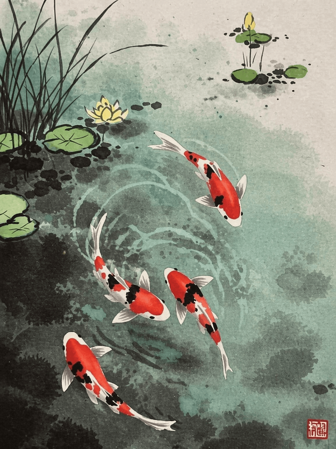 Koi Fish Pond Japanese Wall Art Print - unframed