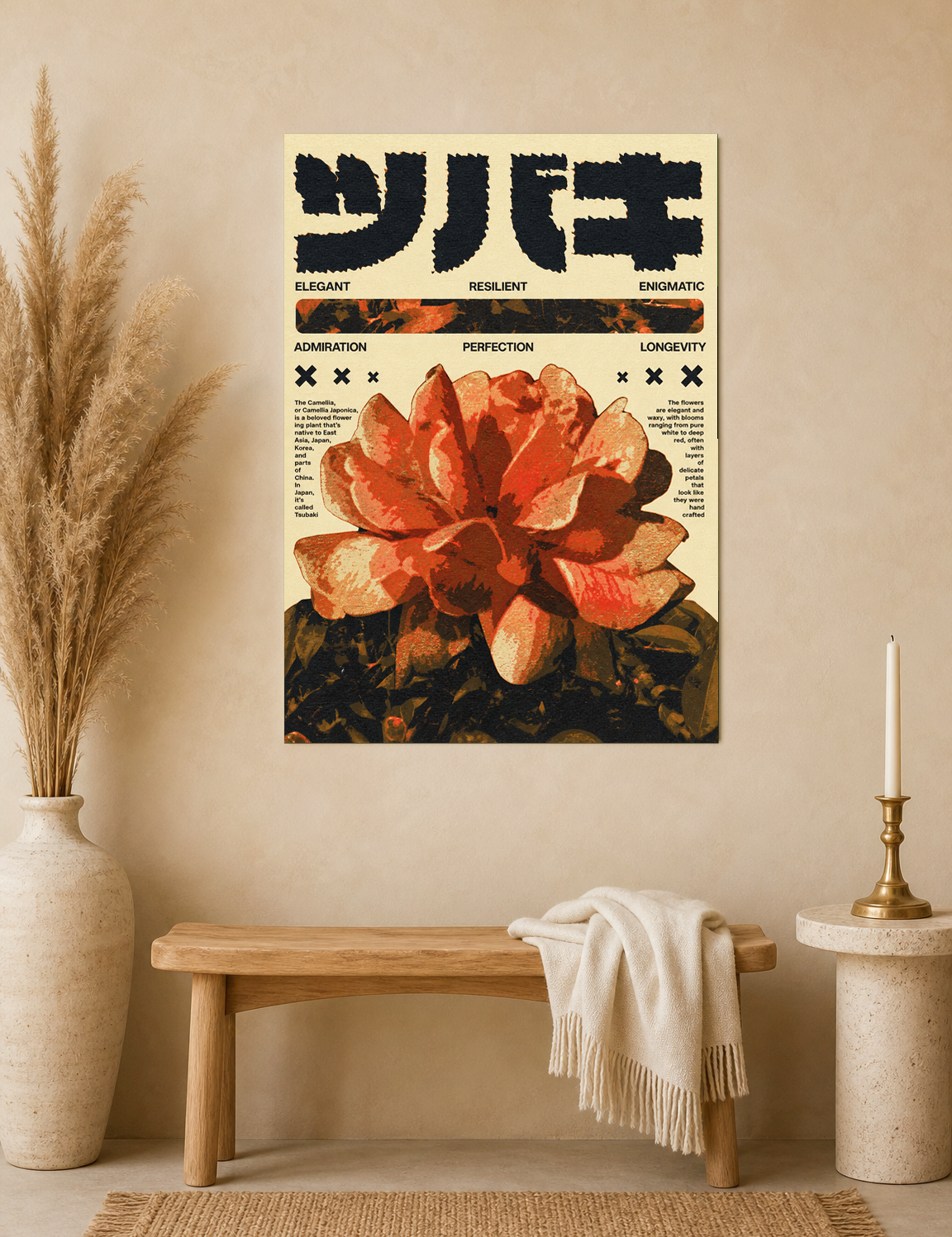Japanese Camellia Flower Wall Art Print - unframed mockup