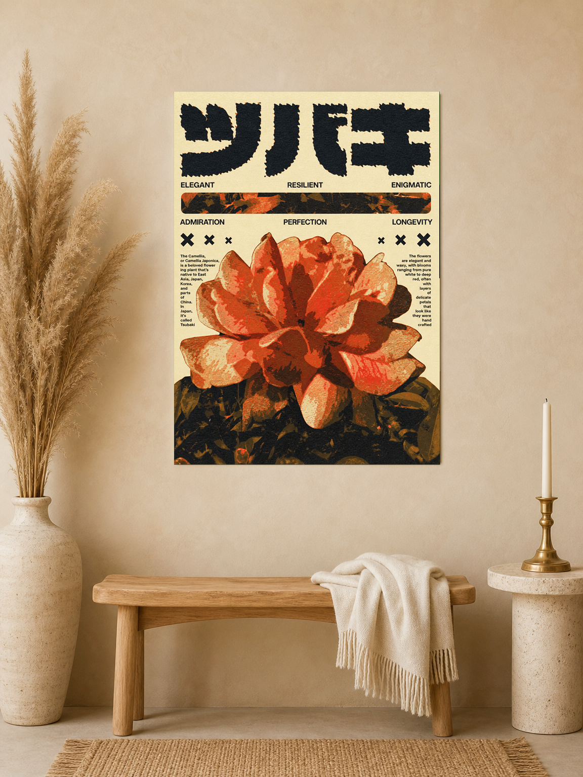 Japanese Camellia Flower Wall Art Print - unframed mockup