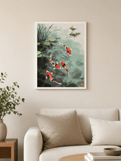 Koi Fish Pond Japanese Wall Art Print - white framed