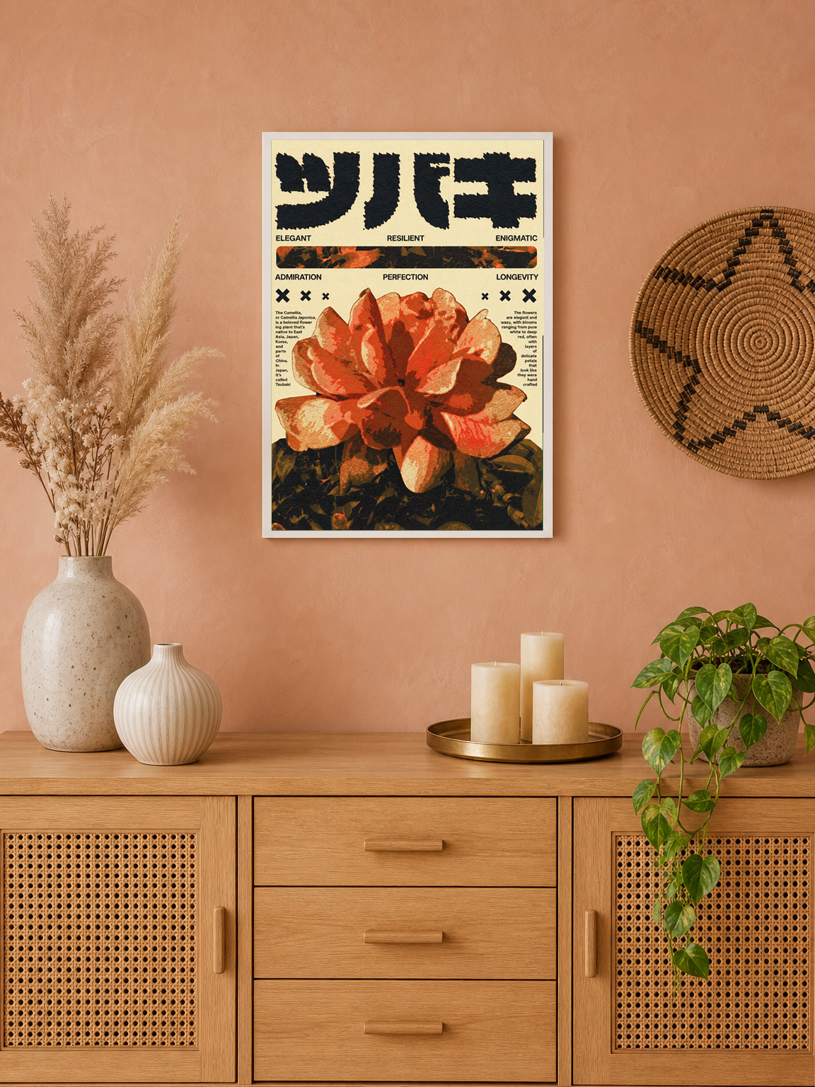 Japanese Camellia Flower Wall Art Print - white framed