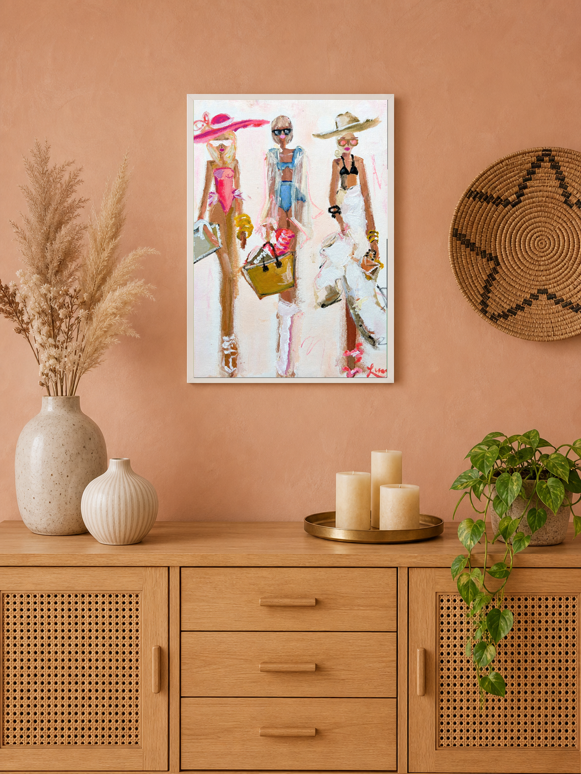 Chic Beach Girls Fashion Wall Art Print - white framed