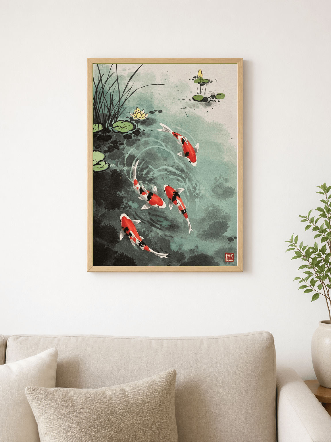 Koi Fish Pond Japanese Wall Art Print - wood framed poster