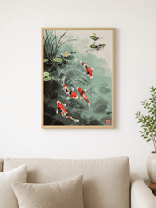 Koi Fish Pond Japanese Wall Art Print - wood framed poster
