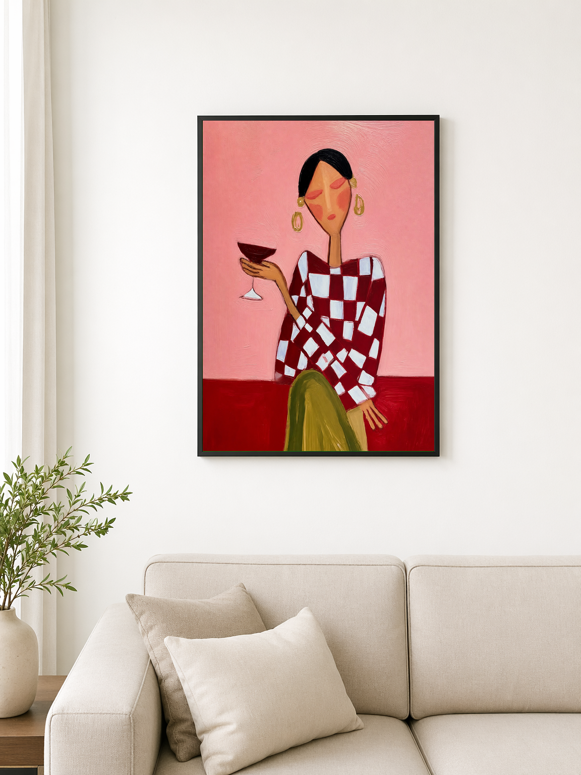 Abstract Woman with Cocktail Wall Art Print - black framed