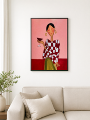 Abstract Woman with Cocktail Wall Art Print - black framed