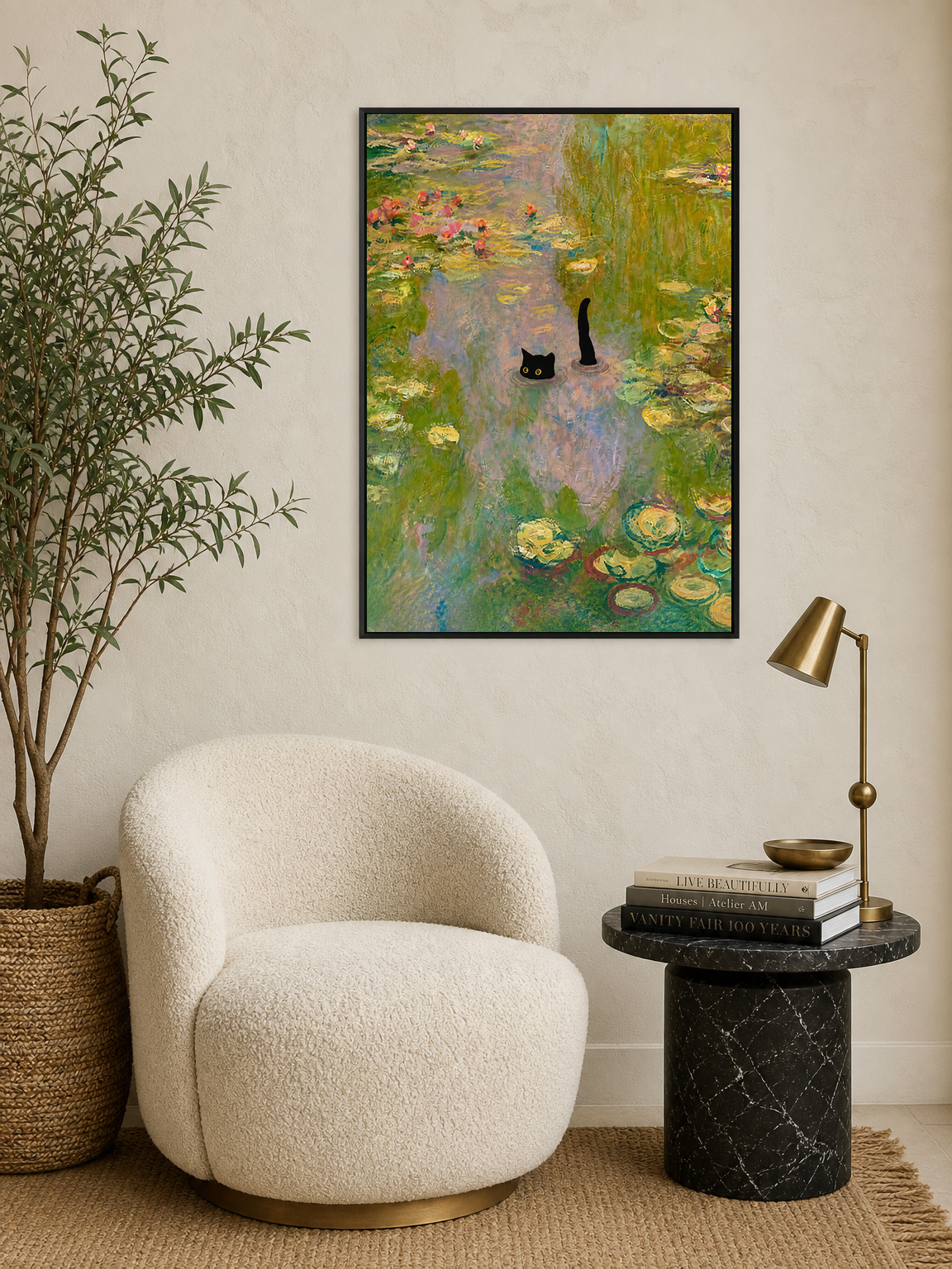 Black Cat in Monet Lily Pond Wall Art Print - black framed