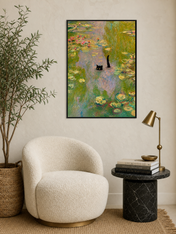 Black Cat in Monet Lily Pond Wall Art Print - black framed