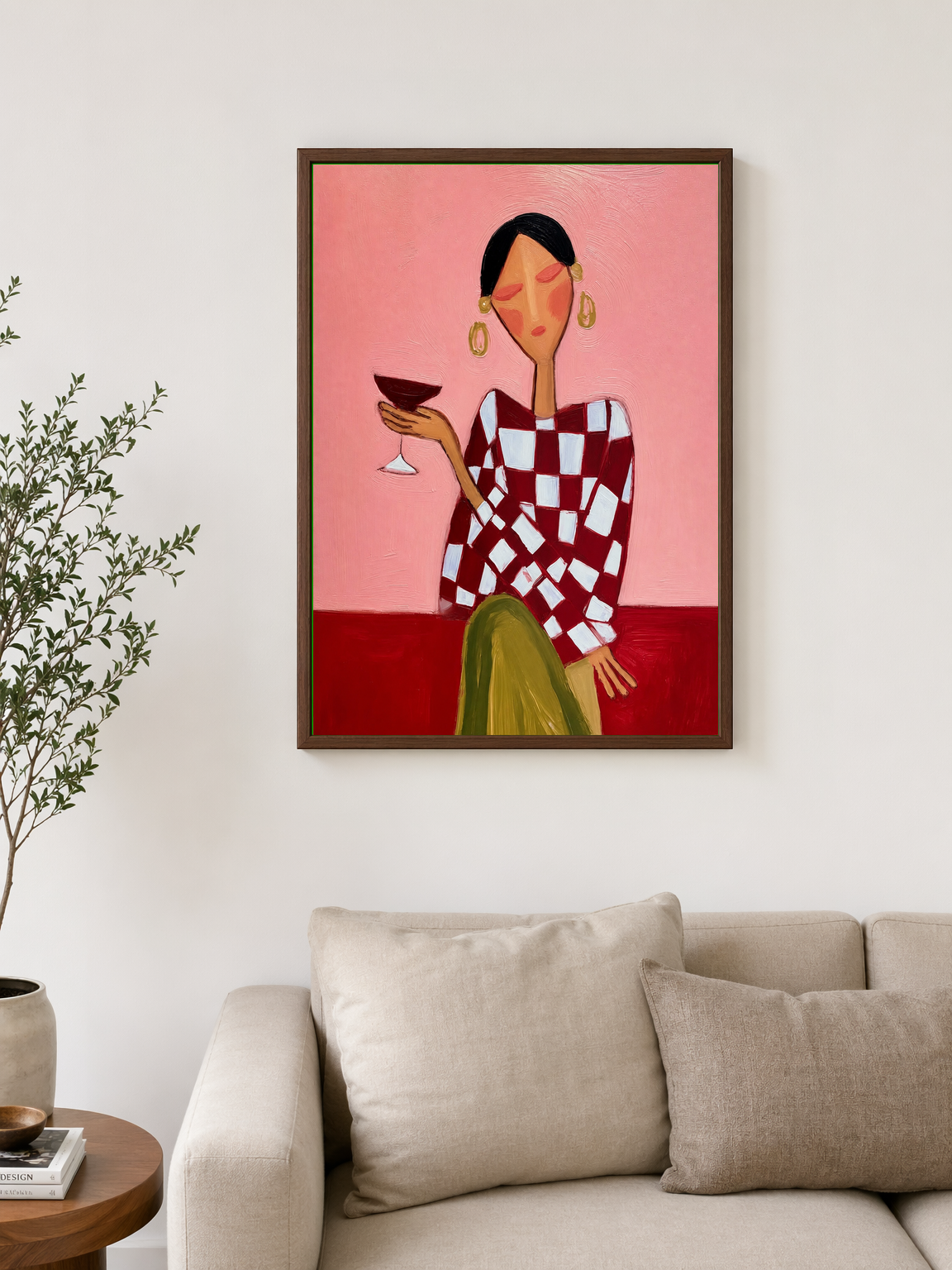 Abstract Woman with Cocktail Wall Art Print - dark wood framed
