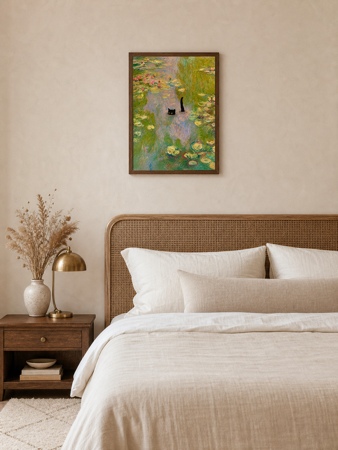 Black Cat in Monet Lily Pond Wall Art Print - dark wood framed