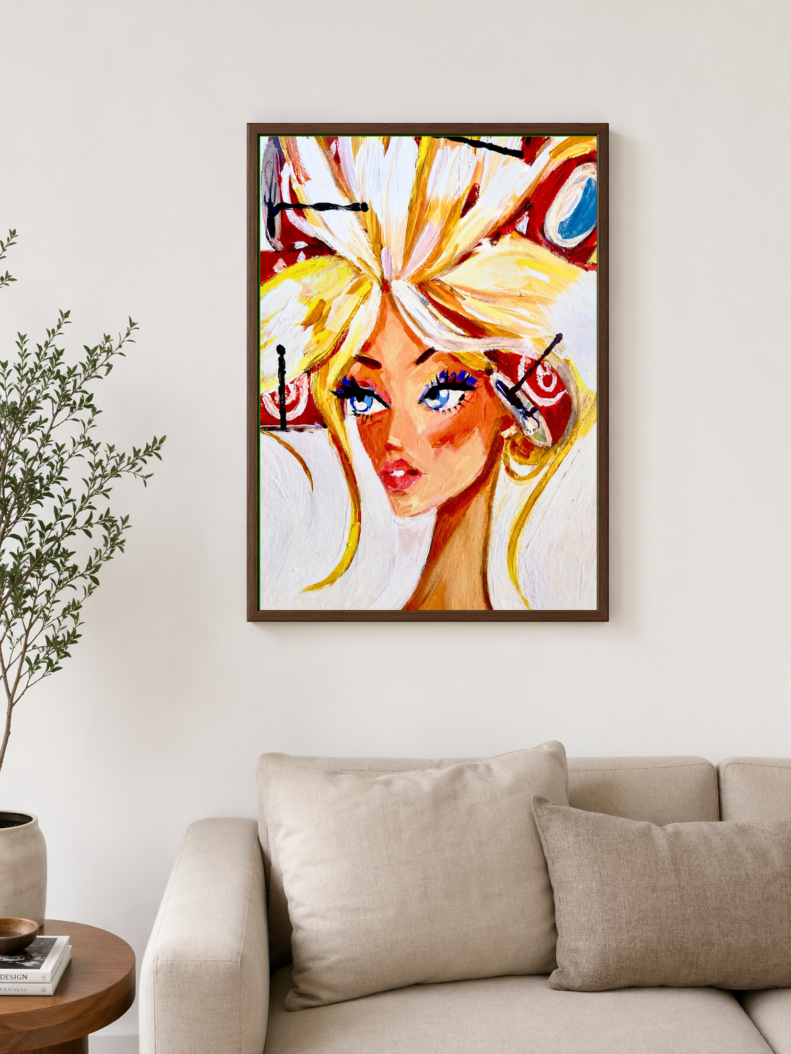 Blonde Fashion Portrait Wall Art Print - dark wood framed