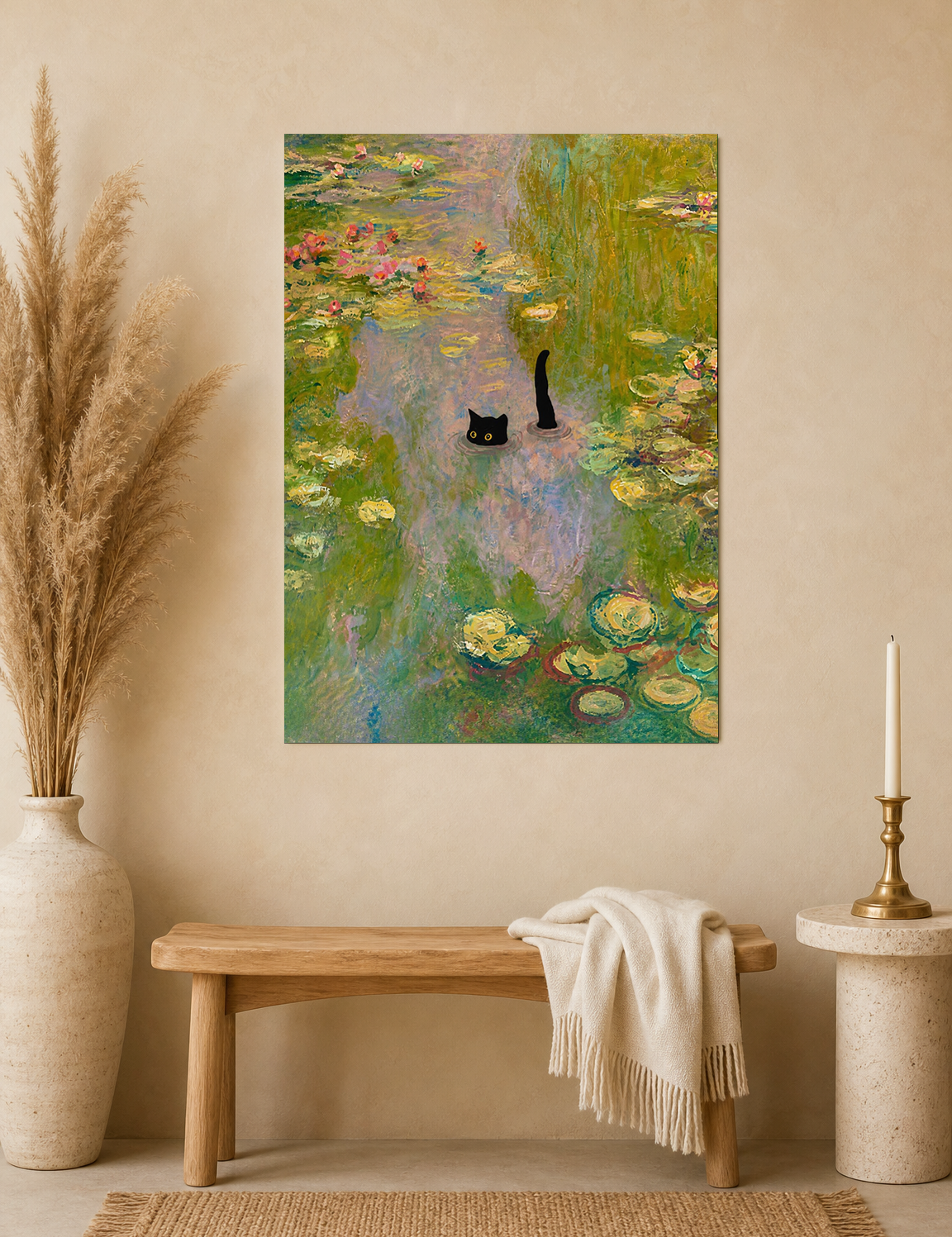 Black Cat in Monet Lily Pond Wall Art Print - unframed mockup