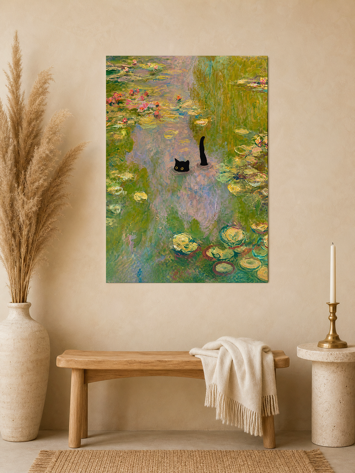Black Cat in Monet Lily Pond Wall Art Print - unframed mockup