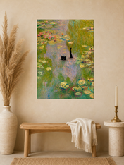 Black Cat in Monet Lily Pond Wall Art Print - unframed mockup