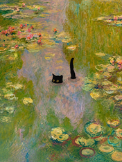 Black Cat in Monet Lily Pond Wall Art Print - unframed