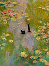 Black Cat in Monet Lily Pond Wall Art Print