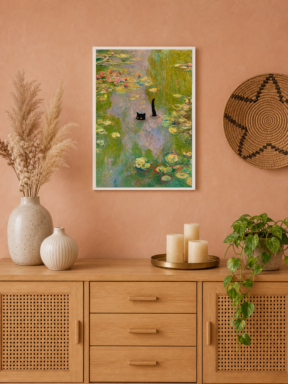 Black Cat in Monet Lily Pond Wall Art Print - white framed