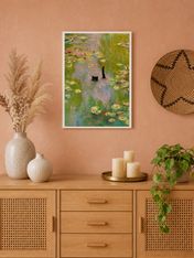 Black Cat in Monet Lily Pond Wall Art Print - white framed