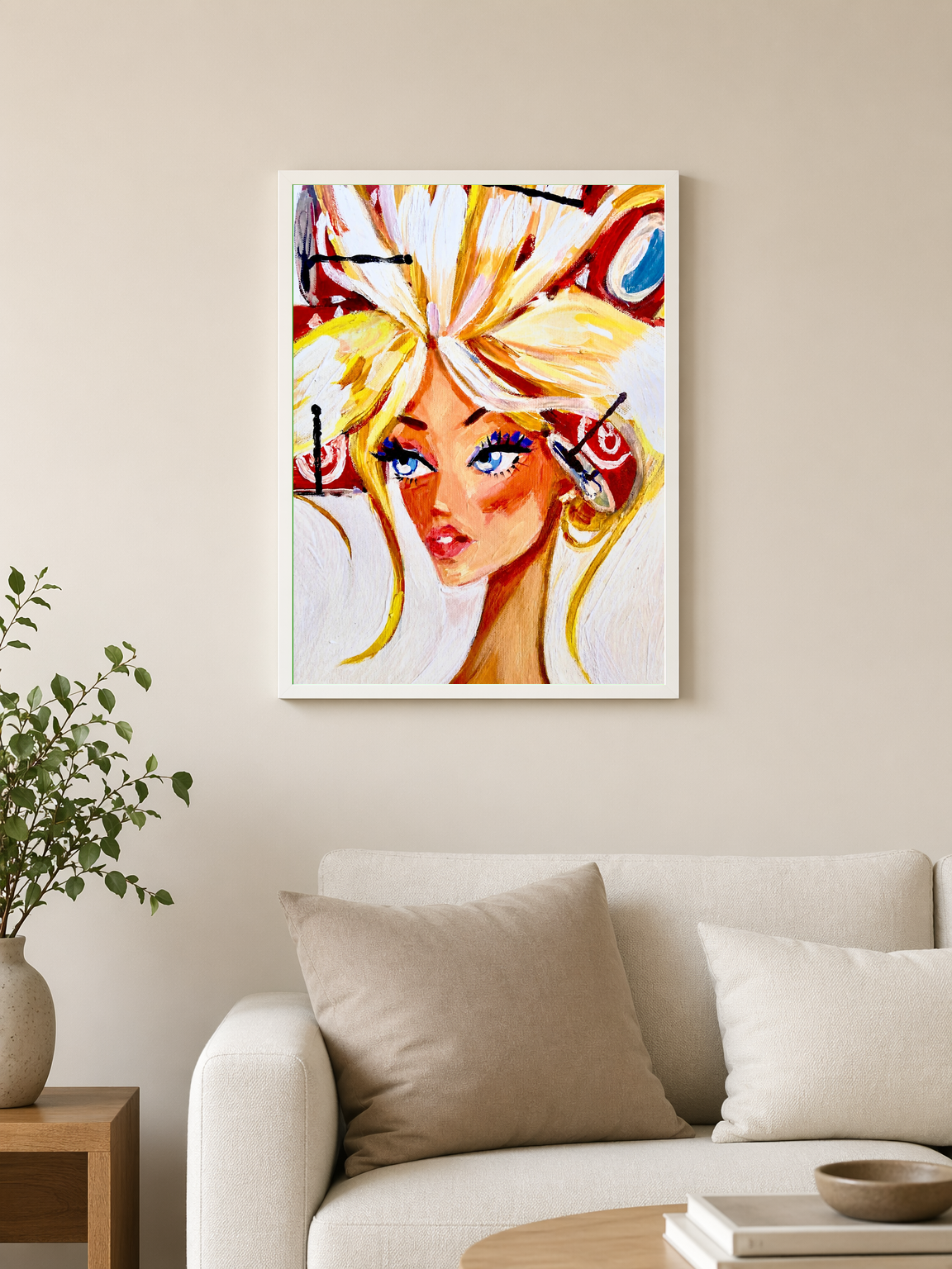 Blonde Fashion Portrait Wall Art Print - white framed