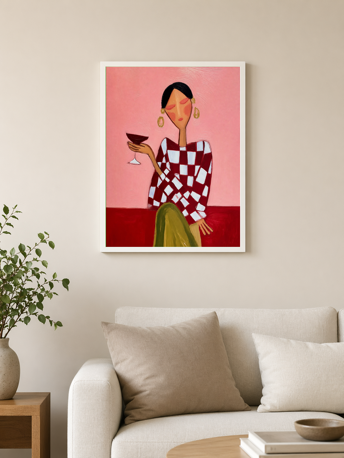 Abstract Woman with Cocktail Wall Art Print - white framed