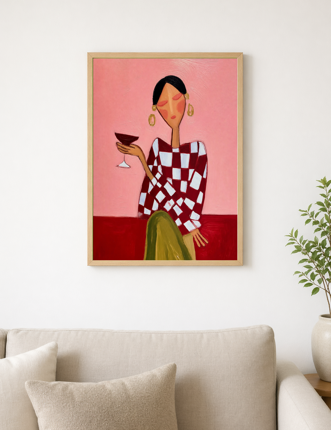 Abstract Woman with Cocktail Wall Art Print - wood framed poster