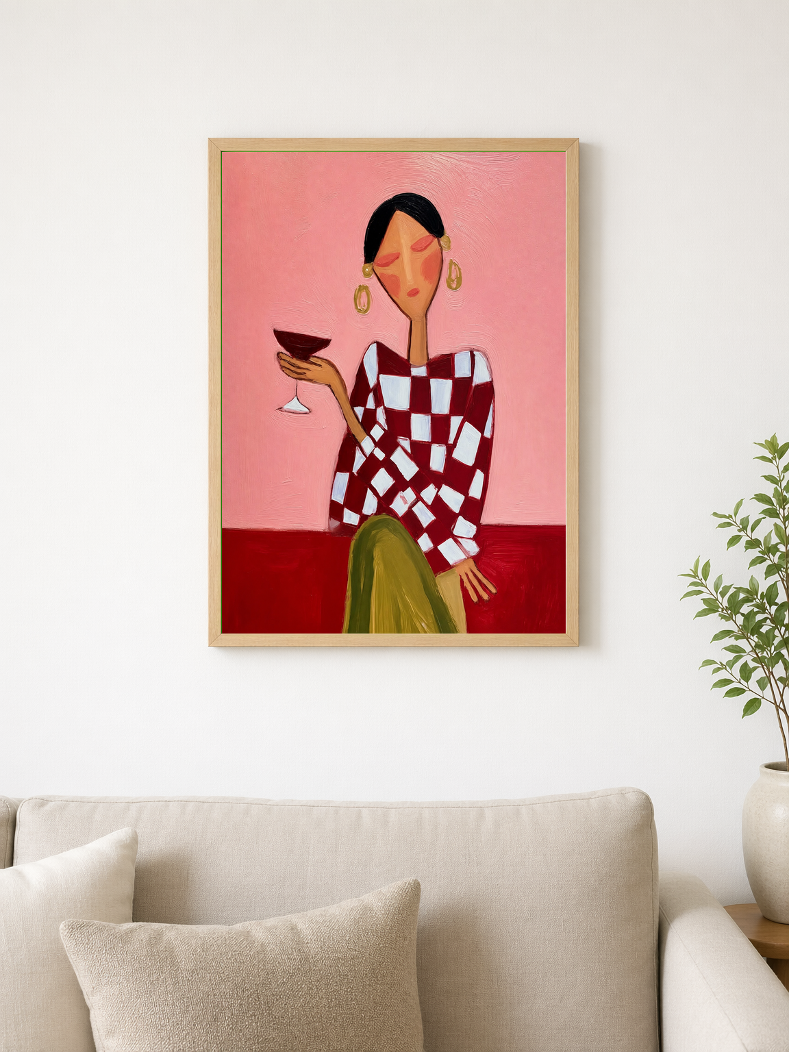 Abstract Woman with Cocktail Wall Art Print - wood framed poster